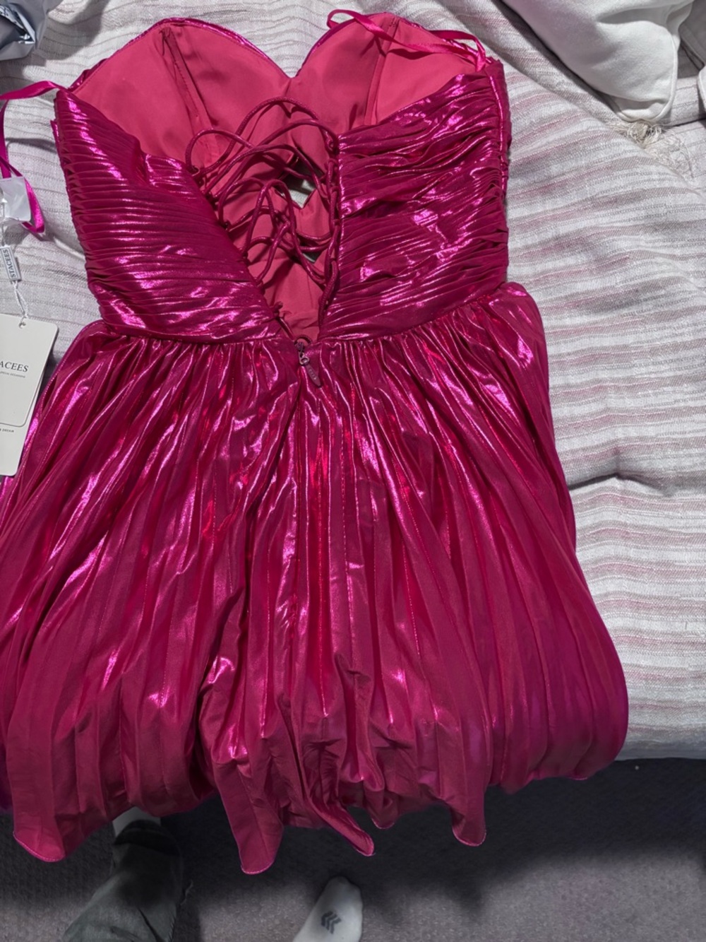 Strapless Metallic Fuchsia Party Dress with Lace-Up Back